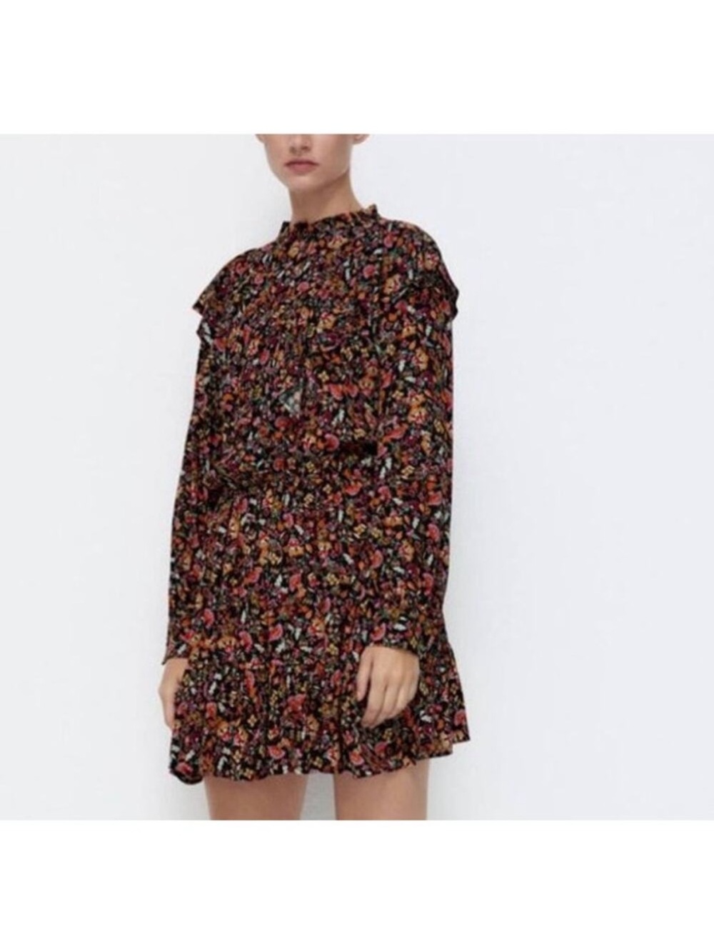 Zara Black Multi Floral Long-Sleeve Ruffle Mini Dress Boho ZARA Size 8
